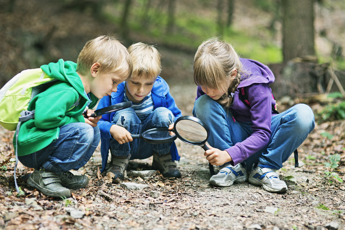 Three-year-old class exploring outdoors
